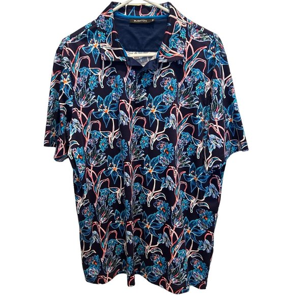 Bugatchi Short Sleeve Pull Over Shirt size XL Cotton Bright Blue Floral Abstract - Picture 1 of 4
